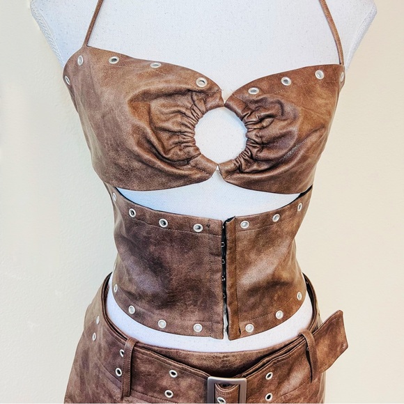 NWT Brown Leather Halter Hook N Eye Crop Top & Belted Eyelet Skort Skirt Set - Picture 5 of 15